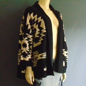Iris Black White Southwest Aztec Mohair Open Swing Cardigan Sm M